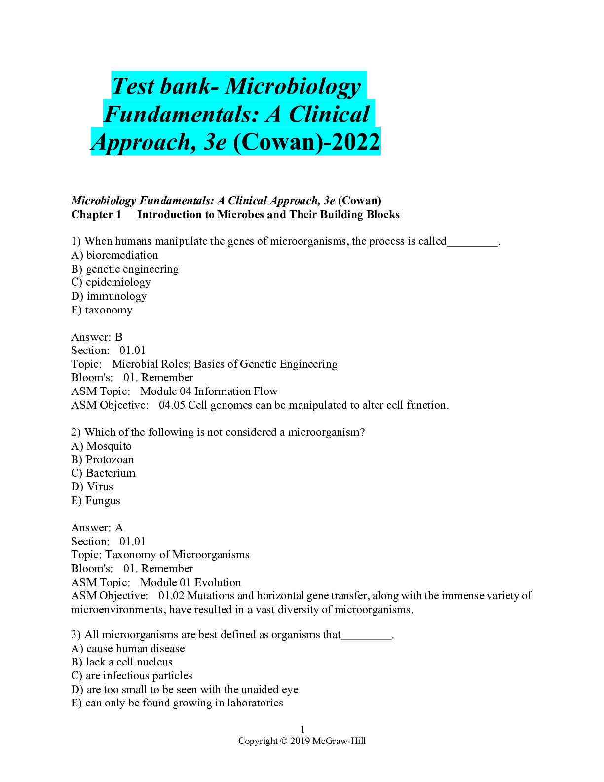 Preview image for Test bank- Microbiology Fundamentals: A Clinical Approach, 3e (Cowan)-2022